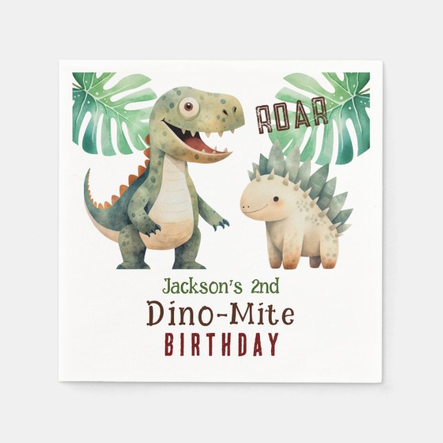 Serviette En Papier Dinosaur 2e anniversaire aquarelle papier Napkin (Devant)