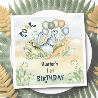 Serviette En Papier Dinosaur Boy Pastel Blue Green 1er anniversaire