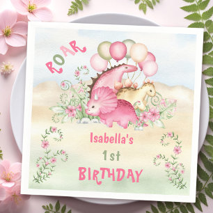 Serviette En Papier Dinosaur Girl Pink Pastel Cute Floral 1er Annivers