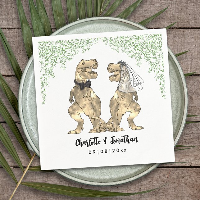Serviette En Papier Dinosaur Mariage à thème personnalisé (Dinosaur themed wedding with fun T-Rex bride and groom with  Jurassic jungle foliage custom napkin)