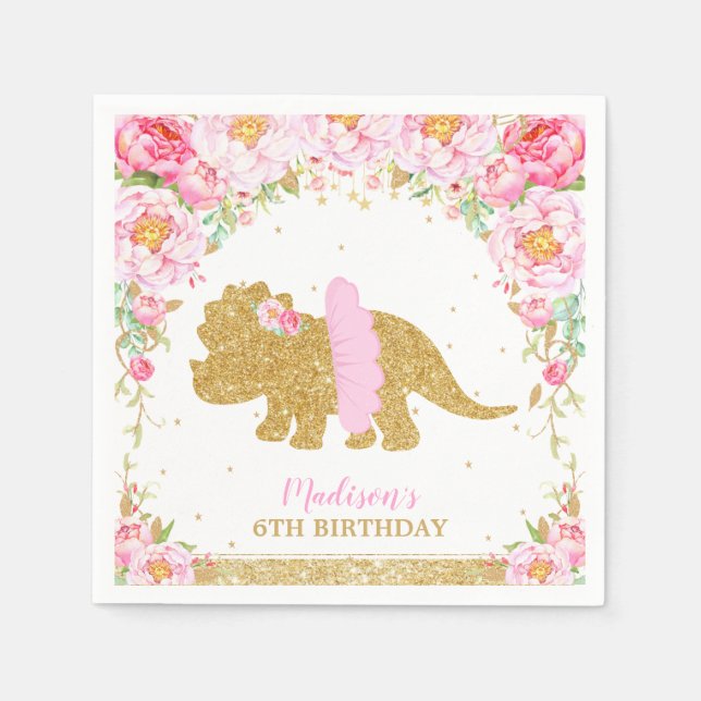 Serviette En Papier Dinosaure floral Anniversaire Pink Tutu Triceratop (Devant)
