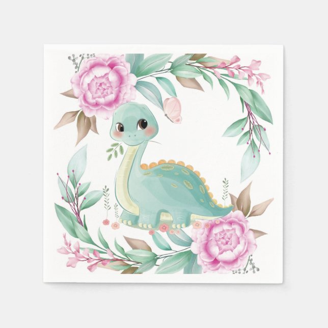 Serviette En Papier Dinosaure mignonne et Baby shower de pivoine rose (Devant)