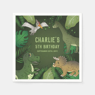 Serviette En Papier Dinosaures Sur Vert Avec Fête D'Anniversaire Feuil