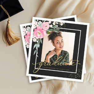Serviette En Papier Diplômé Fleur rose vif Grad Party Photo Noir 