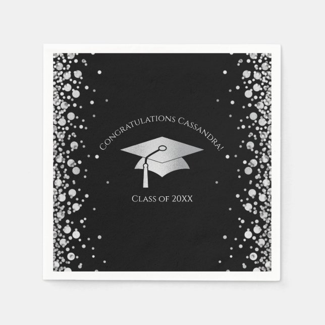 Serviette En Papier Diplômé Noir et Argent (Devant)