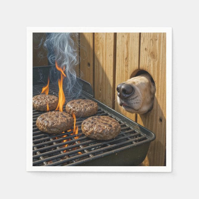 Serviette En Papier Dog Sniffing Hamburgers On a Barbecue Grill (Devant)