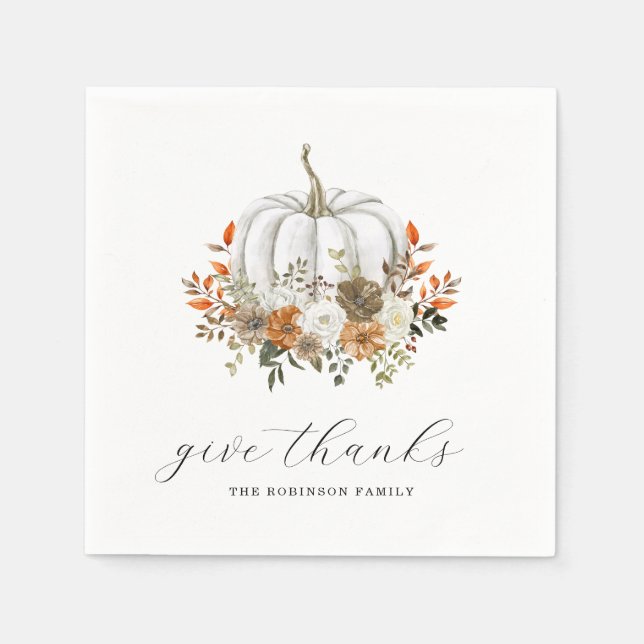 Serviette En Papier Donner Merci Aquarelle Citrouille Floral Thanksgiv (Devant)