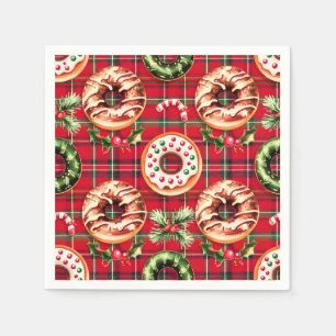 Serviette En Papier Donuts de Noël Rouge Rétro Rouge Tartan Plaid