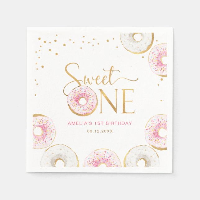 Serviette En Papier Donuts d'or rose doux un 1er anniversaire (Devant)