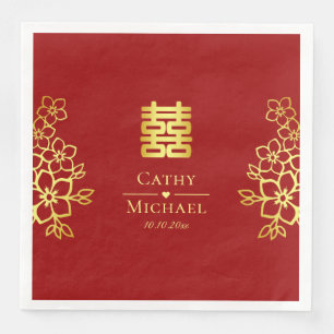 Serviette En Papier Double bonheur élégant mariage chinois floral