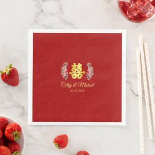 Serviette En Papier Double bonheur rouge mariage chinois floral