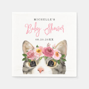 Serviette En Papier Douce Fille au Chat à l'Aquarelle Baby Shower