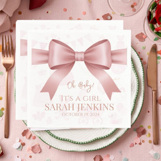 Serviette En Papier Douce Fille au Nœud Rose et Ruban Baby Shower
