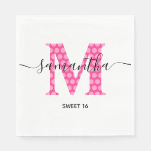 Serviette En Papier Douce Fille Rose à pois Monogramme Sweet 16