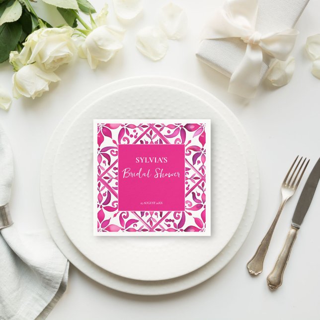 Serviette En Papier Douce rose espagnol talavera douche de mariage mex (Bold pink Spanish talavera vintage Mexican bridal shower monogram printed  Napkins personalized deco)