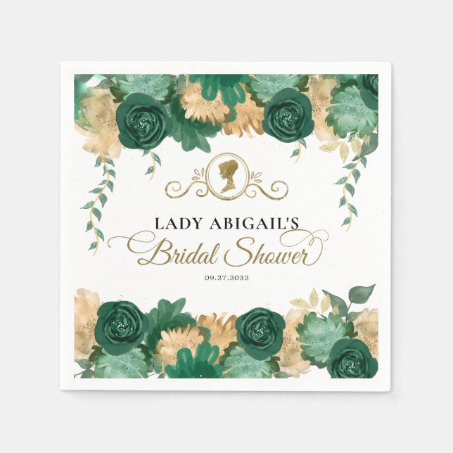 Serviette En Papier Douche de Mariage Florale Verte Élégante Victorien (Devant)