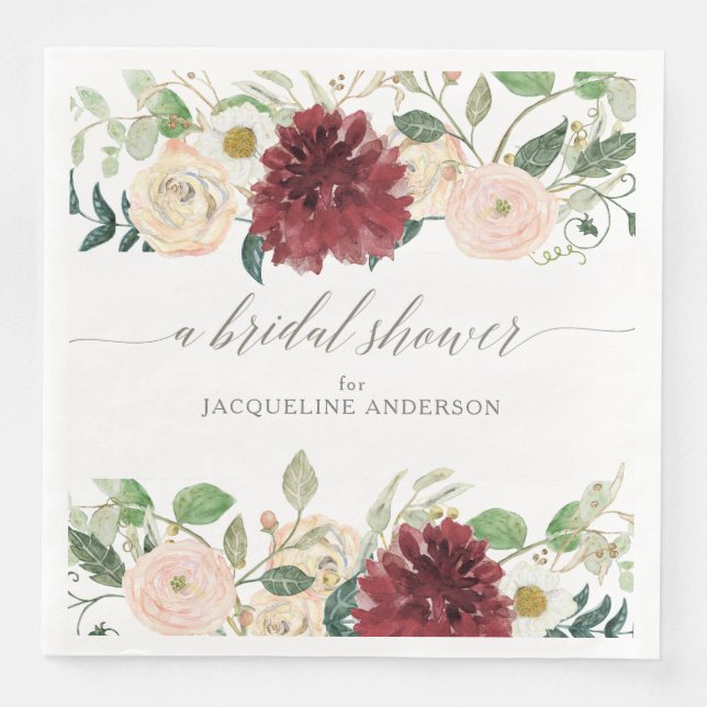 Serviette En Papier Douche de Mariée Automne Bourgogne Rose Feuillage  (Devant)