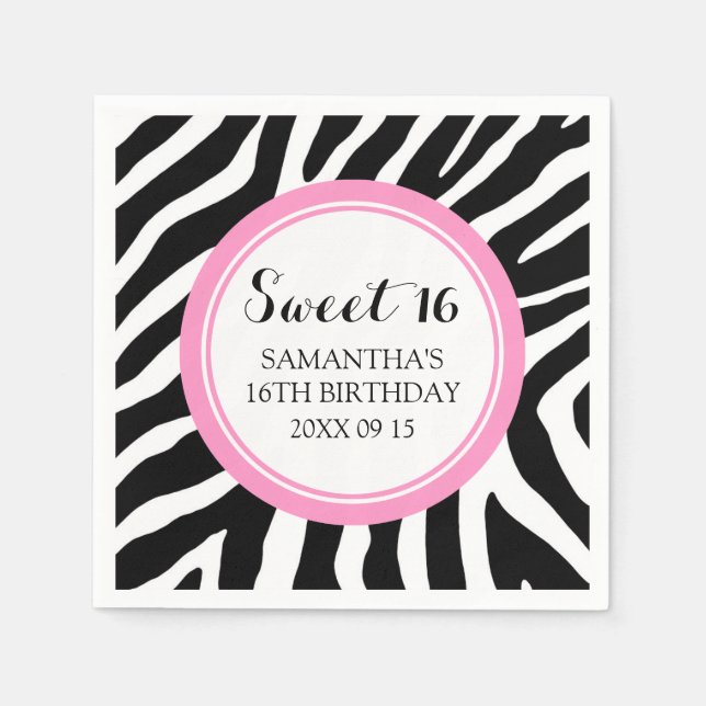 Serviette En Papier Doux personnalisé 16 Anniversaire Napkin rose Zèbr (Devant)