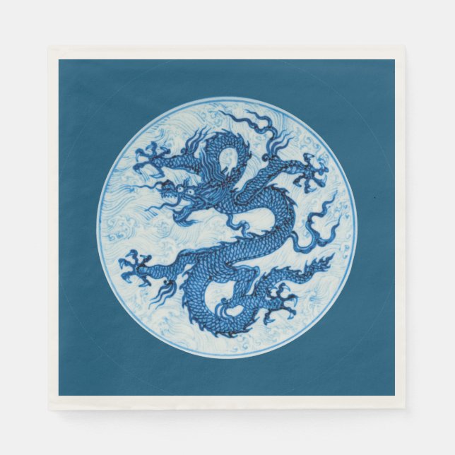 Serviette En Papier Dragon chinois, Indigo Blue et des serviettes blan (Devant)