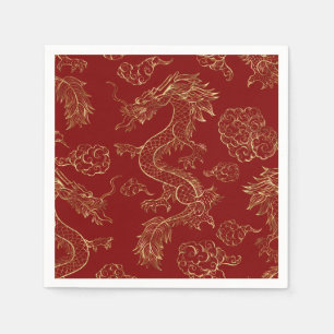 Serviette En Papier Dragon chinois or et rouge foncé