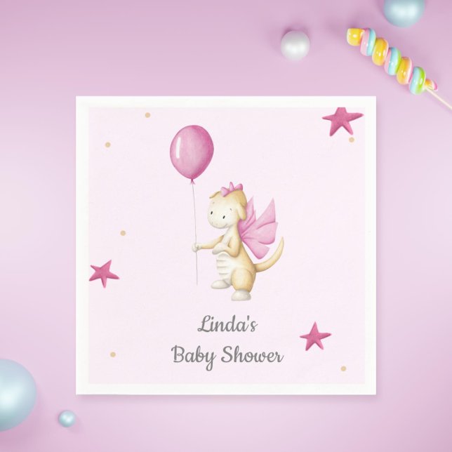 Serviette En Papier Dragon de bébé rose pâle avec Balloon Party (Cute pink baby shower paper napkins with an illustration of a baby dragon holding a pink balloon)