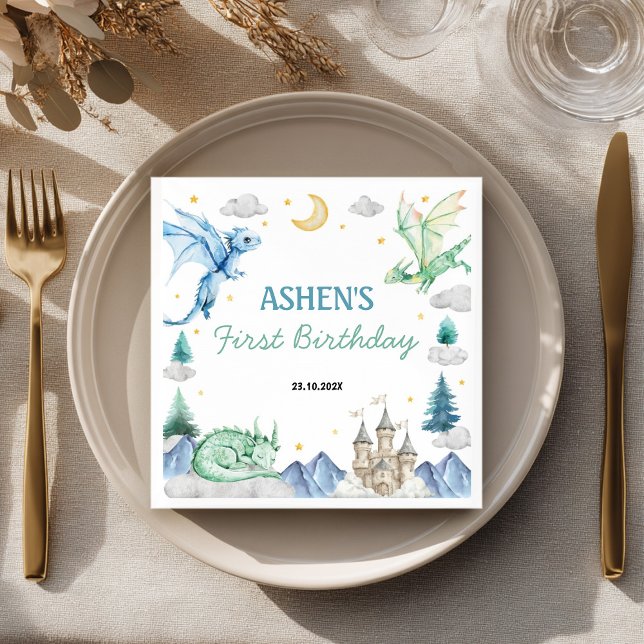 Serviette En Papier Dragon Watercolor Boy Birthday Napkin (Créateur téléchargé)