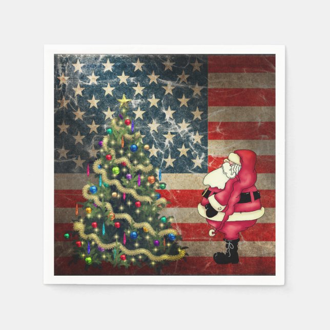 Serviette En Papier Drapeau américain patriotique, Père Noël et Arbre  (Devant)