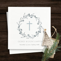 Dusky Blue Floral Laurel Wreath Monogramme Baptême