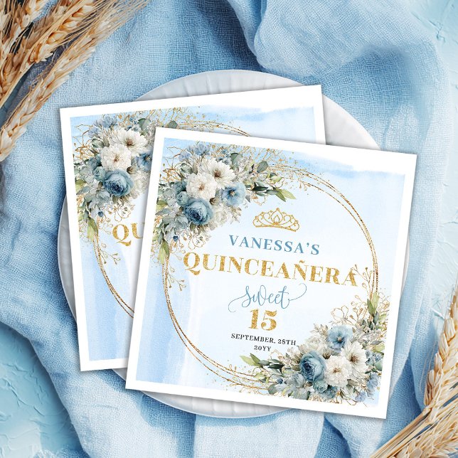 Serviette En Papier Dusty Blue Boho Greenery Gold Glitter Quinceañera  (Dusty Blue Boho Greenery Gold Glitter Quinceañera Napkins)