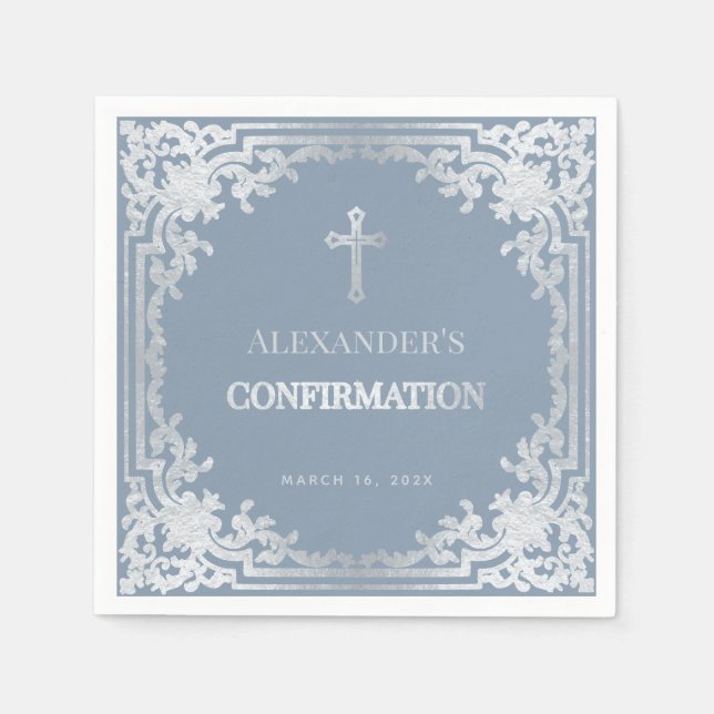 Serviette En Papier Dusty Blue Boy Confirmation Élégant Faux Silver (Devant)