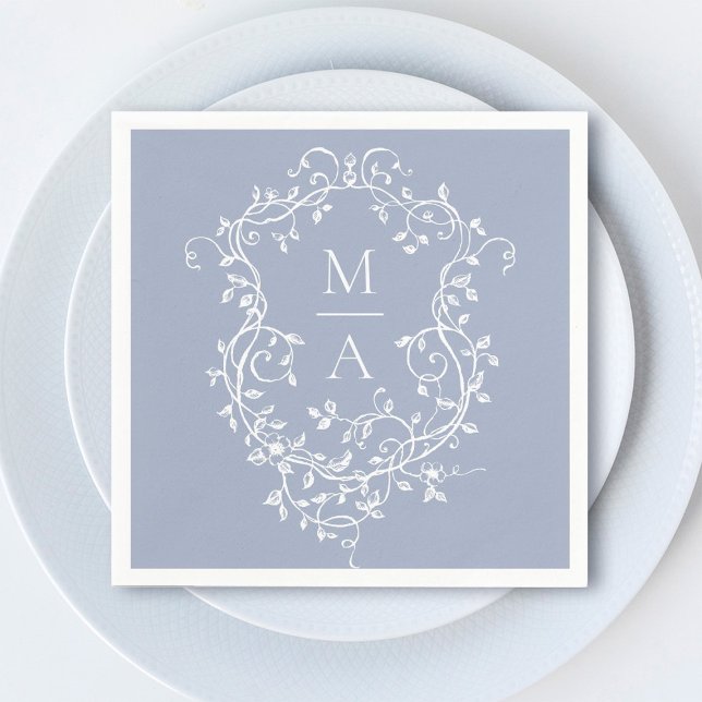 Serviette En Papier Dusty Blue Classic Floral Crest Monogram Mariage (Créateur téléchargé)