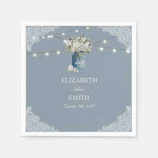 Serviette En Papier Dusty Blue Country Combiné Blanc Mariage dentelle