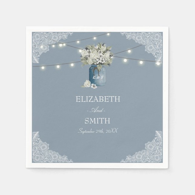 Serviette En Papier Dusty Blue Country Combiné Blanc Mariage dentelle (Devant)
