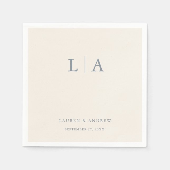 Serviette En Papier Dusty Blue & Cream Beige Monogramme Elégant Mariag (Devant)