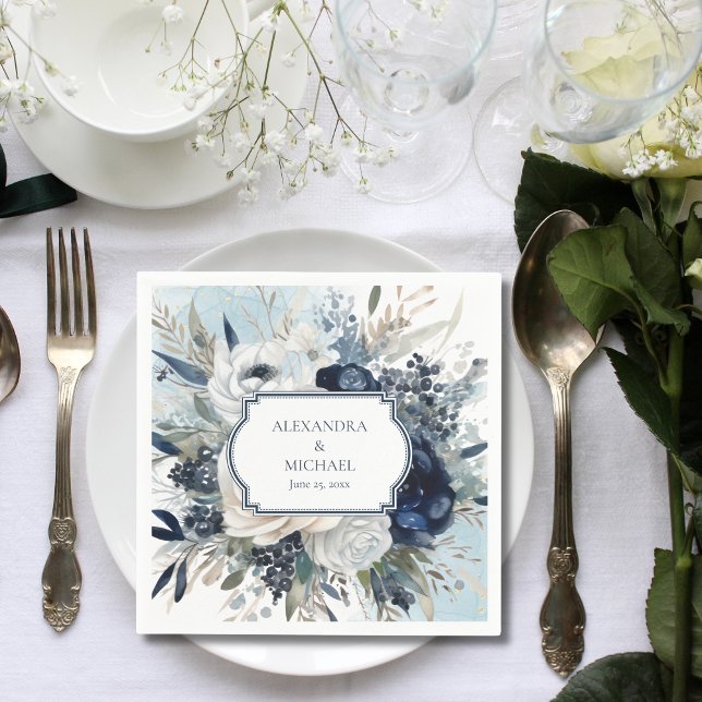 Serviette En Papier Dusty Blue et Navy Floral Mariage élégant (Créateur téléchargé)