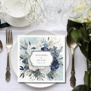 Serviette En Papier Dusty Blue et Navy Floral Mariage élégant