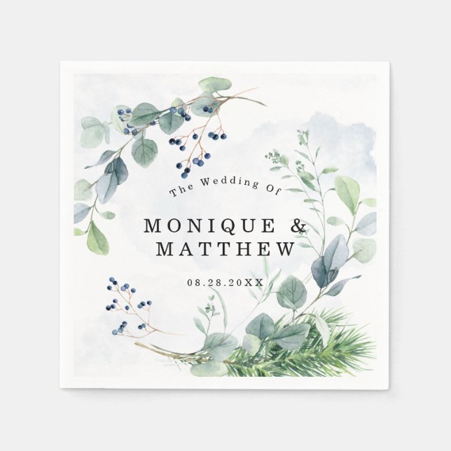 Serviette En Papier Dusty Blue Eucalyptus Vert Mariage rustique (Devant)