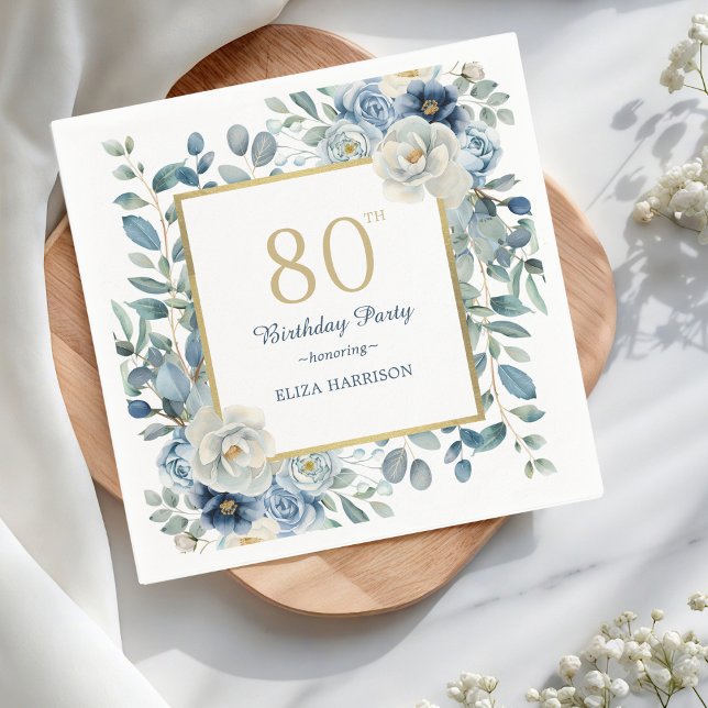 Serviette En Papier Dusty Blue Floral 80e anniversaire (Créateur téléchargé)