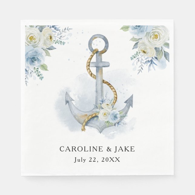 Serviette En Papier Dusty Blue Floral Ancre Mariage nautique (Devant)