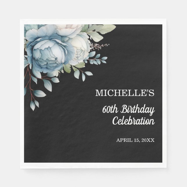 Serviette En Papier Dusty Blue Floral Black 60e anniversaire (Devant)