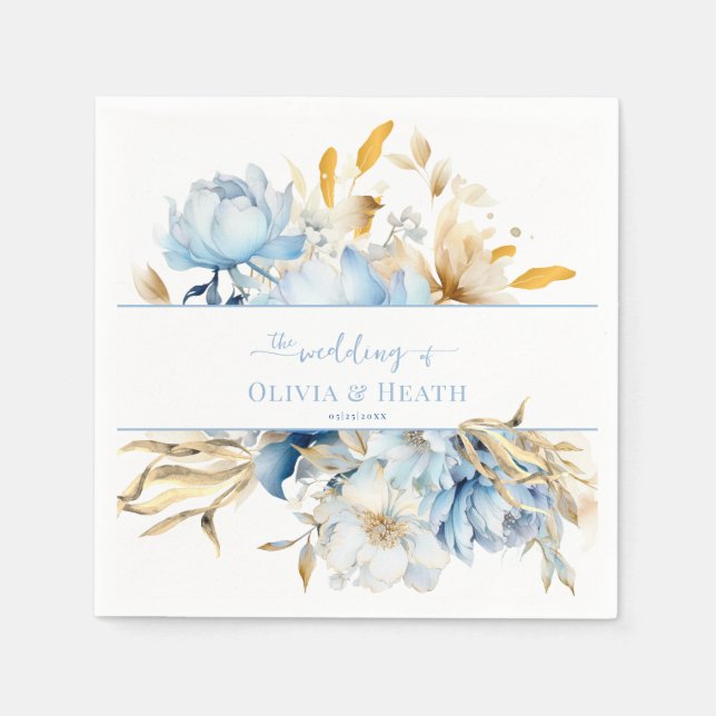 Serviette En Papier Dusty Blue Floral Mariage or (Devant)