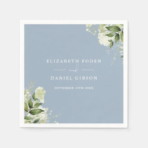 Serviette En Papier Dusty Blue Greenery Floral Elegant Names Date