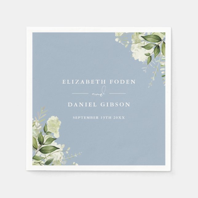 Serviette En Papier Dusty Blue Greenery Floral Elegant Names Date (Devant)