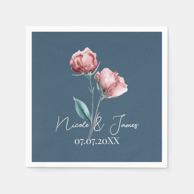 Serviette En Papier Dusty Blue Grey Moderne Aquarelle Mariage Floral (Devant)