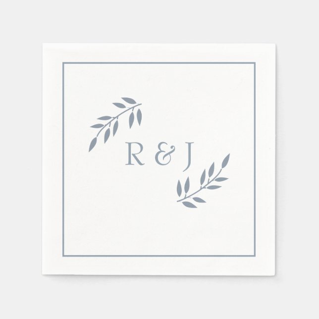 Serviette En Papier Dusty Blue Leaf Monograms Ampersand Mariage tendan (Devant)