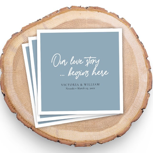 Serviette En Papier Dusty Blue Love Story : Élégant Mariage de script (Dusty Blue Love Story: Elegant Script Wedding Napkins)