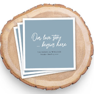 Serviette En Papier Dusty Blue Love Story : Élégant Mariage de script
