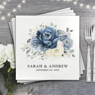 Serviette En Papier Dusty Blue Navy Champagne Ivory Floral Mariage