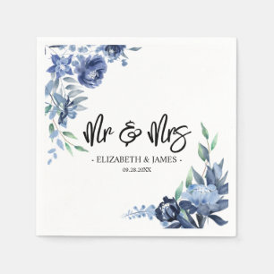 Serviette En Papier Dusty Blue Navy Floral Mr & Mrs Mariage