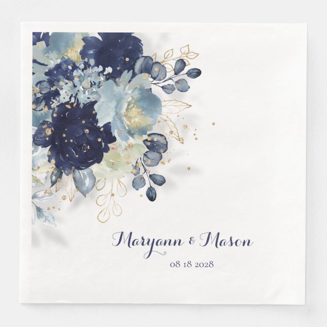 Serviette En Papier Dusty Blue Navy Peony & Eucalyptus Gold Floral (Devant)